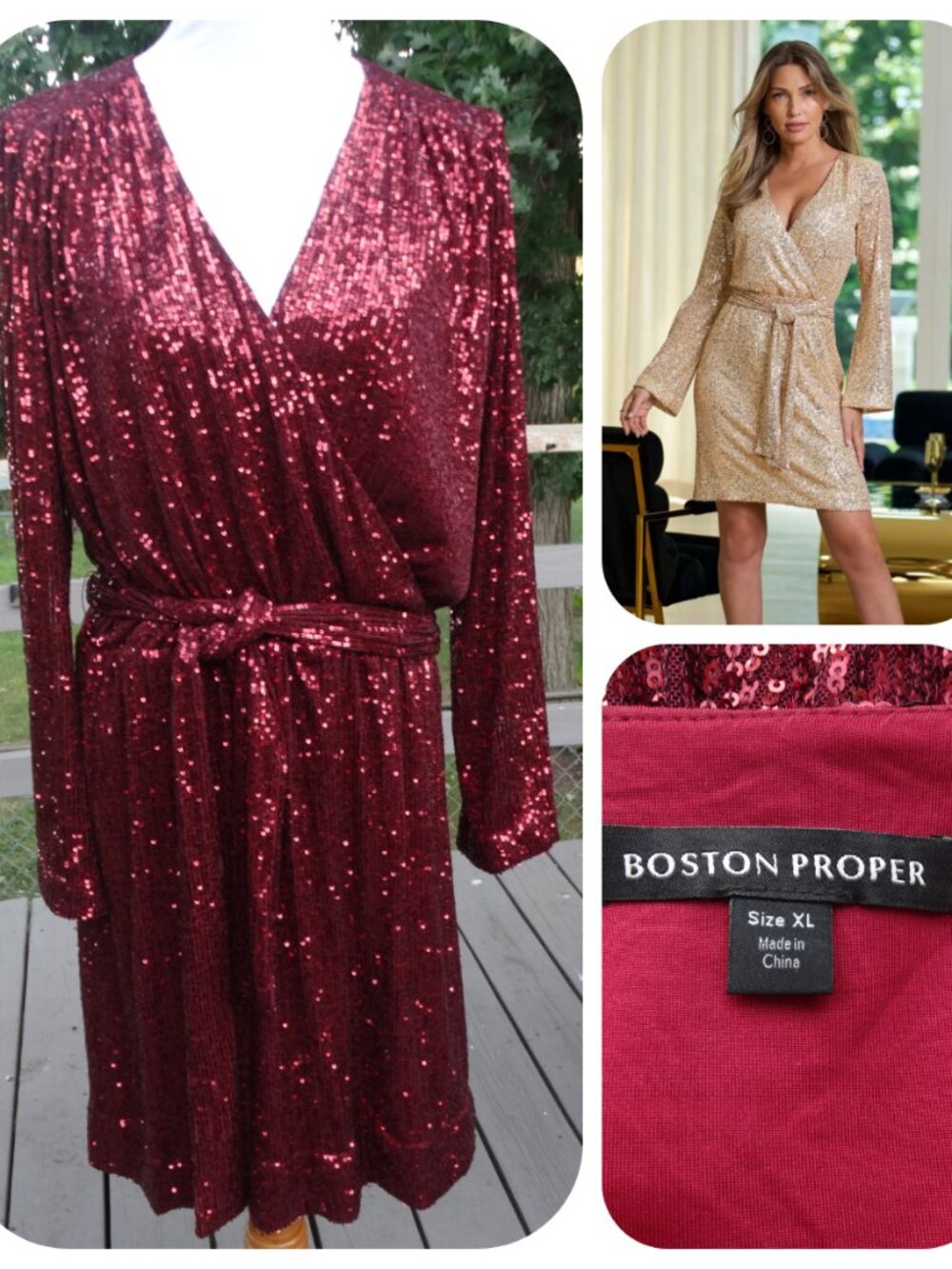 BOSTON PROPER Sequin Tie Waist Bell Sleeve Dress XL, burgundy/wine